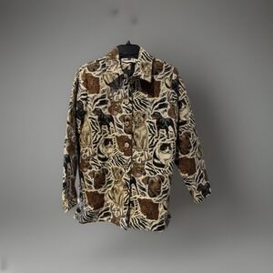 Vtg 90s Anage Cat Dog Tapestry Button Jacket Beaded Size M Animal Fall Unique